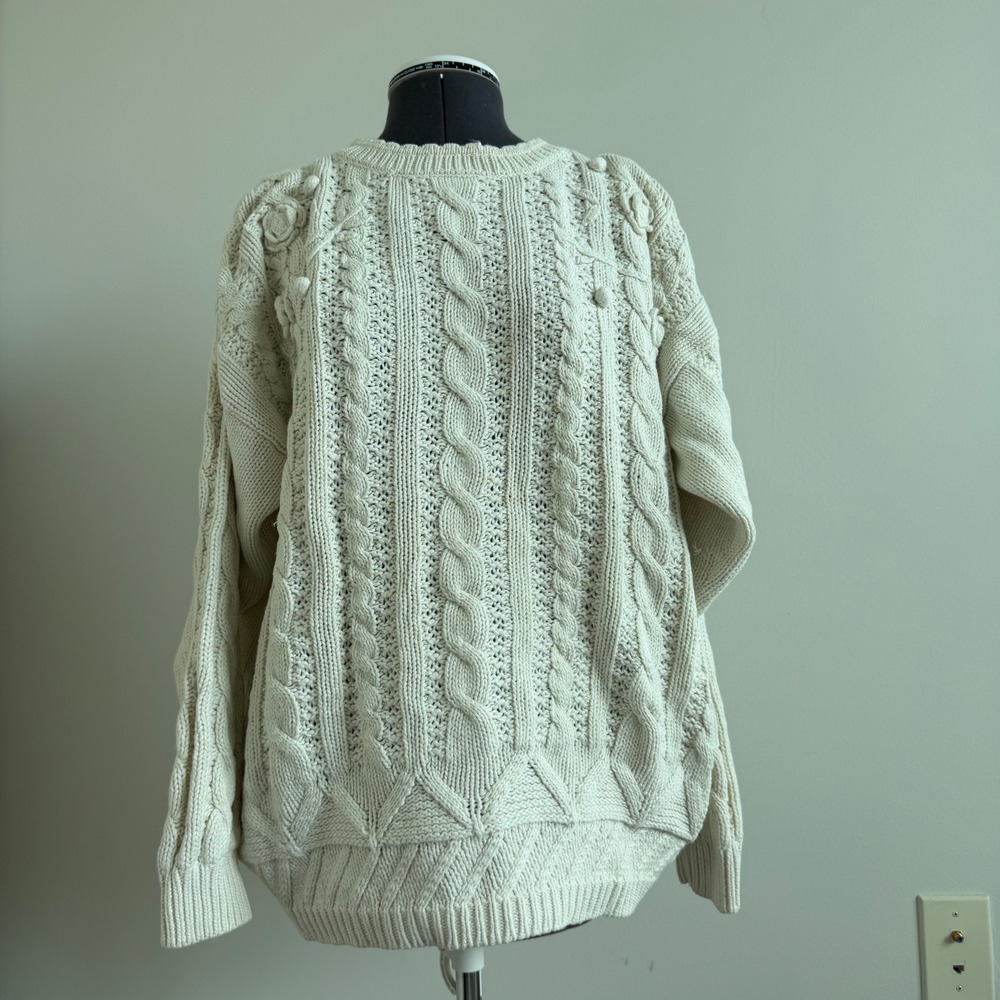Vintage‎ Crazy Horse Cotton Ramie Fisherman Knit Floral Sweater Womens Small